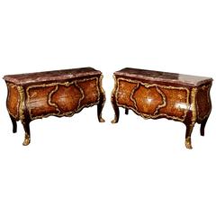 Pair of French Empire Style Bombe Marquetry Commodes Chest Drawers