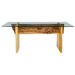 Luxe Walnut and Maple Slab Base, Glass Top Dining Table