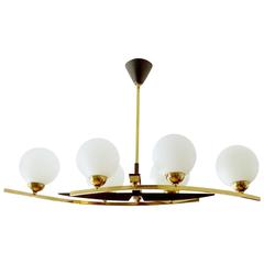 Used Large French Glass and Brass Chandelier, 1960s Modernist Stilnovo Style Pendant 