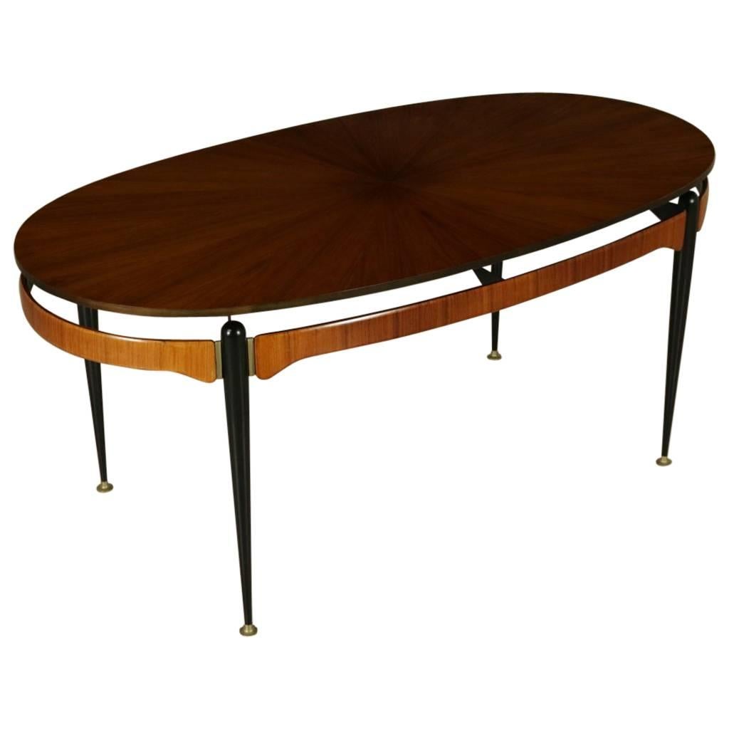 Elliptical Table Teak Veneer Rosewood Metal Brass Vintage, Italy, 1950s-1960s
