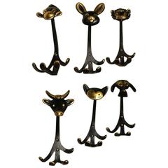 Charming Six Different Coat Hooks Walter Bosse, Vienna, 1950