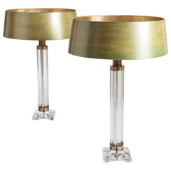 Pair of Mid Century Clear Murano Glass Table Lamps with Hand-Painted Shades