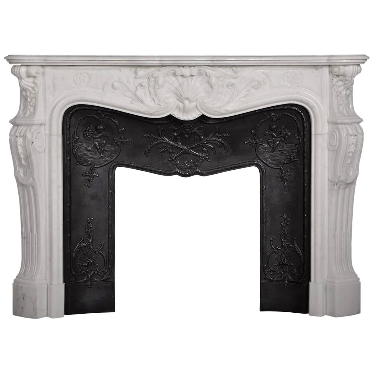"Marquise de Tournelle" Louis XV Style Fireplace in Carrara White Marble For Sale