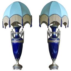Pair of Edwardian Blue Glazed Pottery Lamps