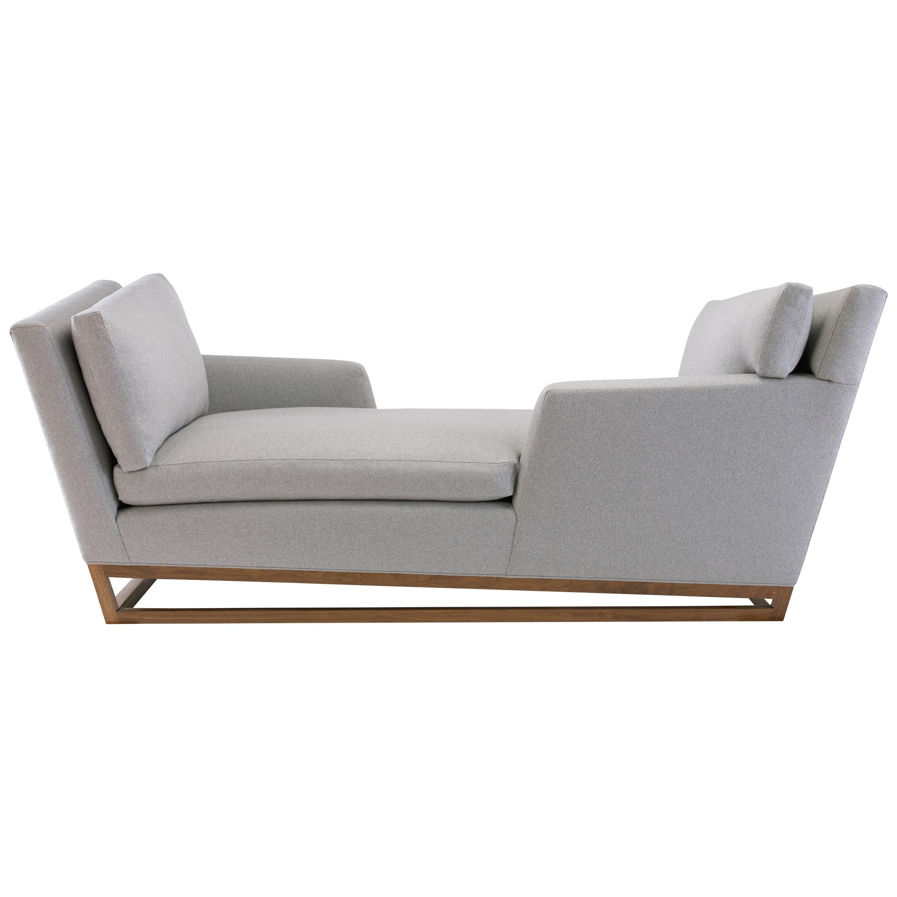 New Contemporary/Modern Handmade Tete-a-tete Sofa, Wool Fabric with Walnut Base For Sale