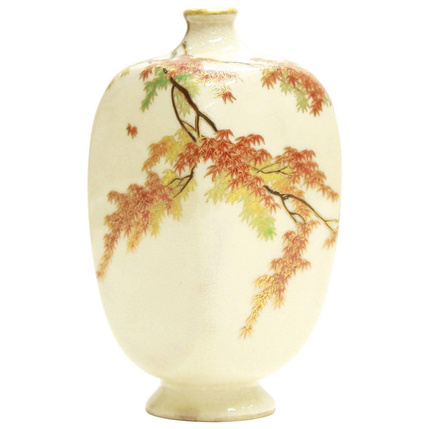 Gilded 19th Century Japanese Vase, Satsuma Ceramics by Yabu Meizan, Red Maple