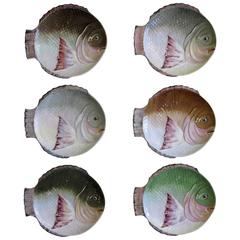 Victorian English Staffordshire Hand-Painted Porcelain Fish Plates, Set of Six