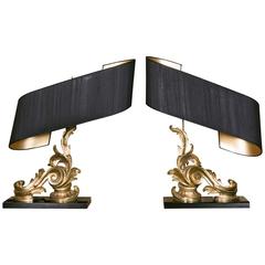 Pair of Table Lamps with Gilded Andiron and Volutes Shades