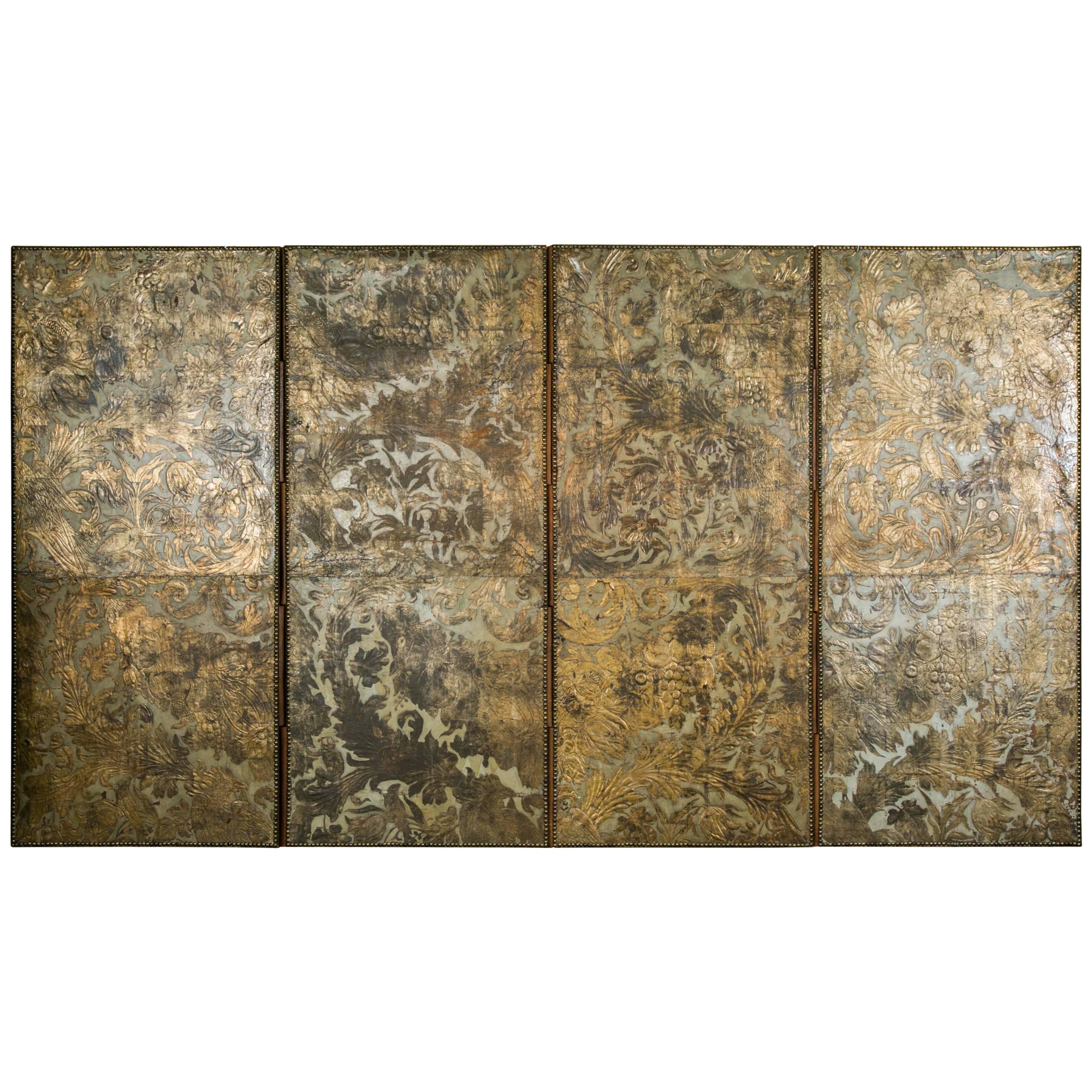 19th Century Four Sheets Screen in Cordoba Leather, Spain, circa 1800 For Sale