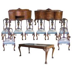 Exceptional Quality 1920s Burr Walnut Queen Anne Style Dining Room Suite