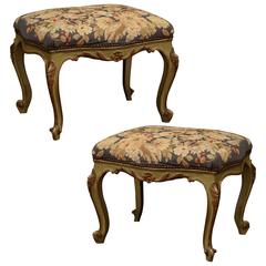 Pair of 19th Century French Carved and Painted Stools with Needlepoint Tapestry