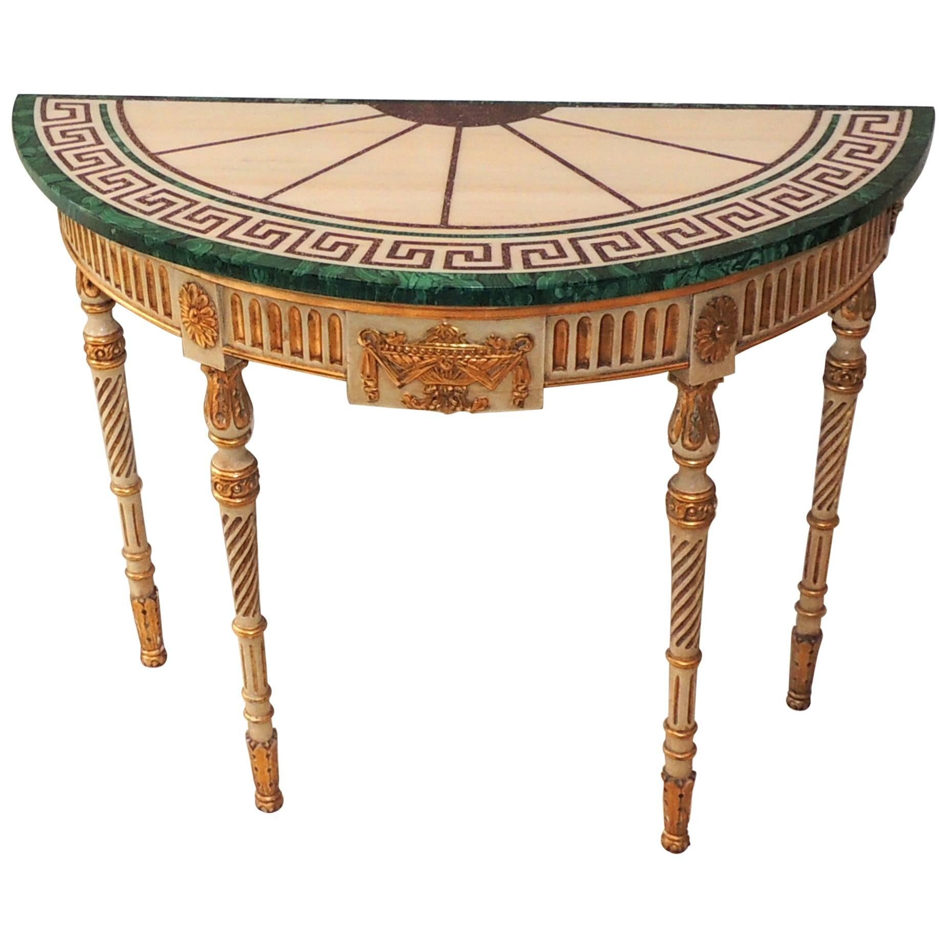 Wonderful French Carved Wood Malachite Marble Greek Key Demilune Console Table