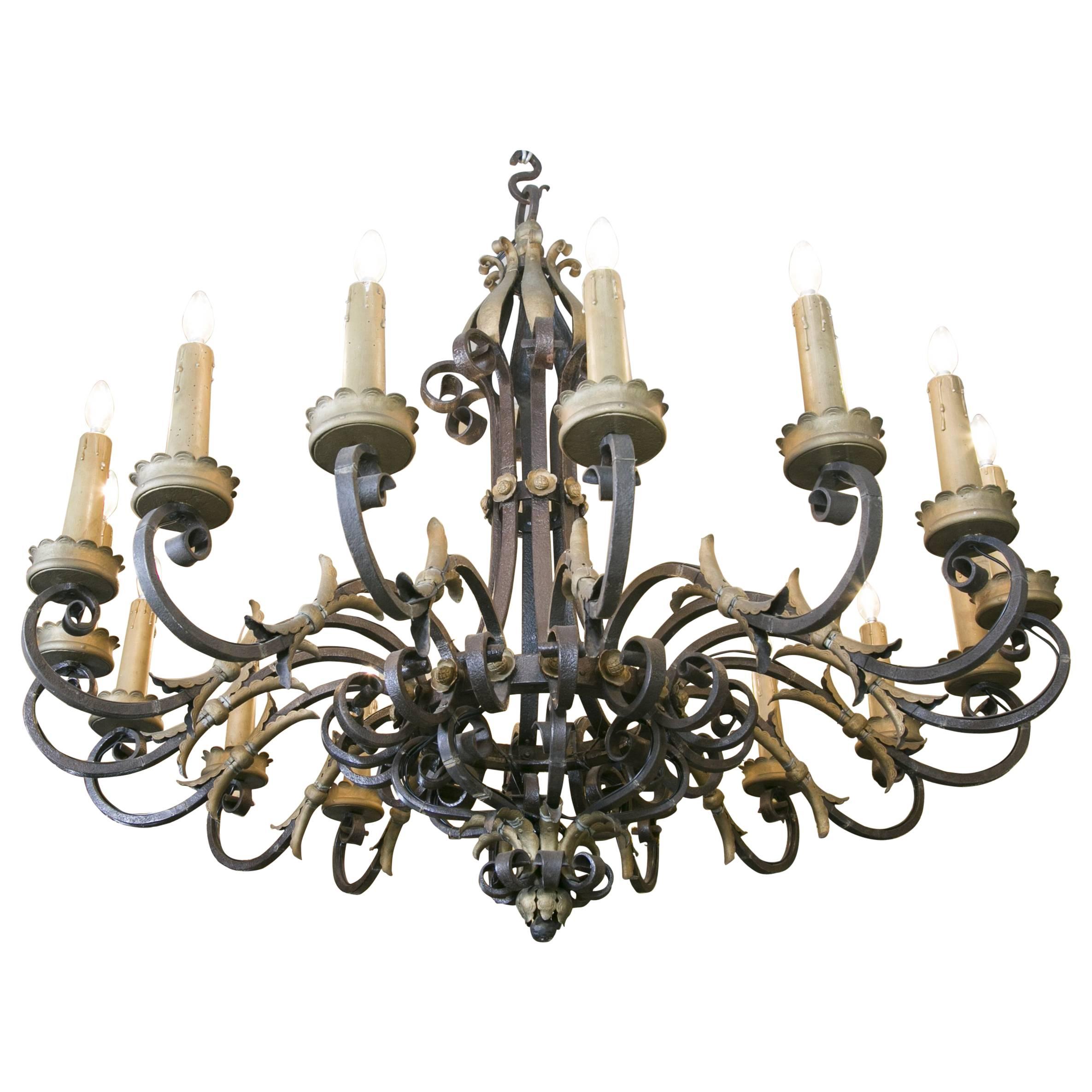 Large French Wrought Iron Sixteen-Branch Chandelier