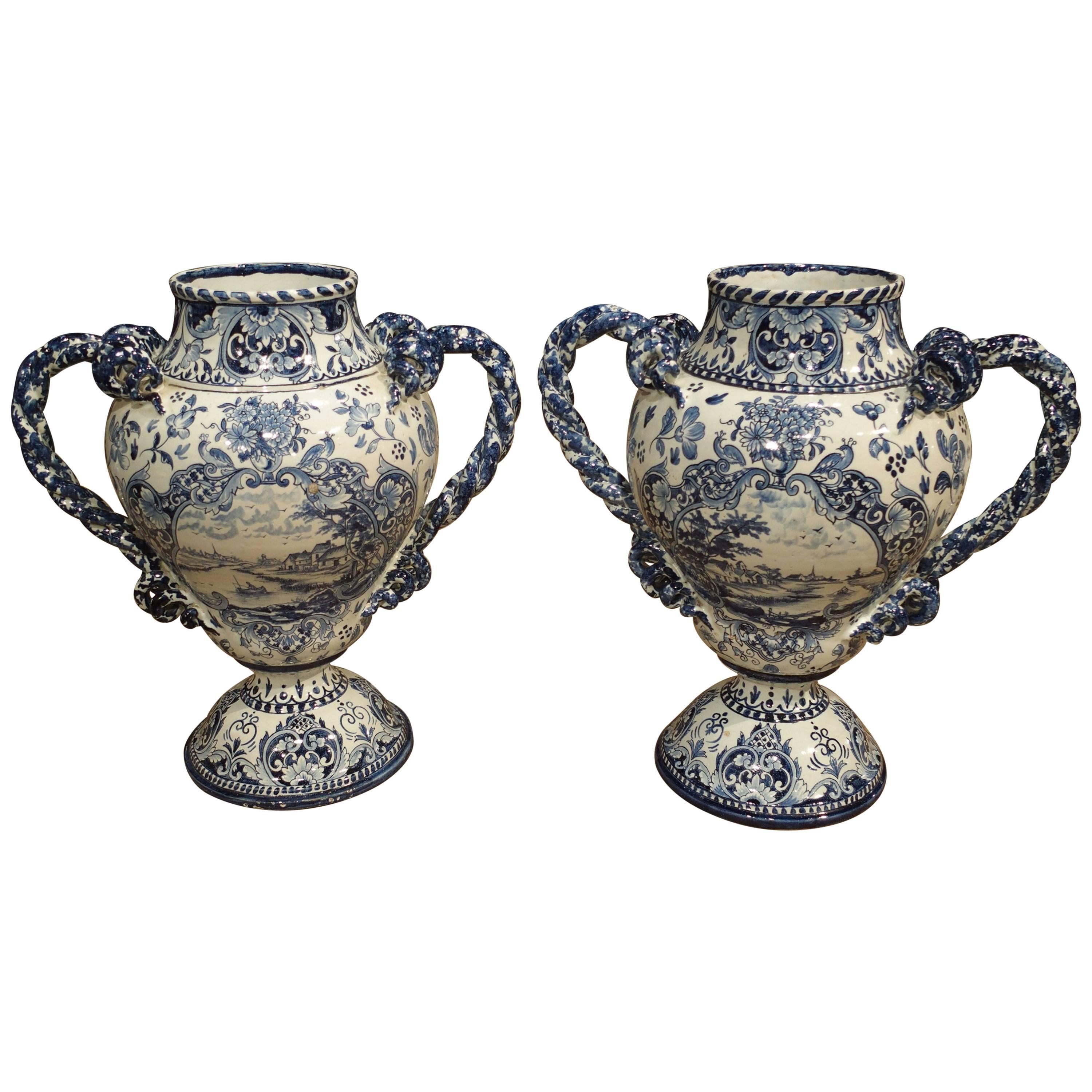 Pair of Antique Blue and White Vases, Early 1900s