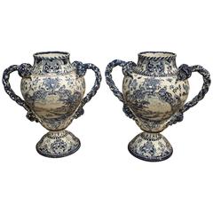 Pair of Used Blue and White Vases, Early 1900s