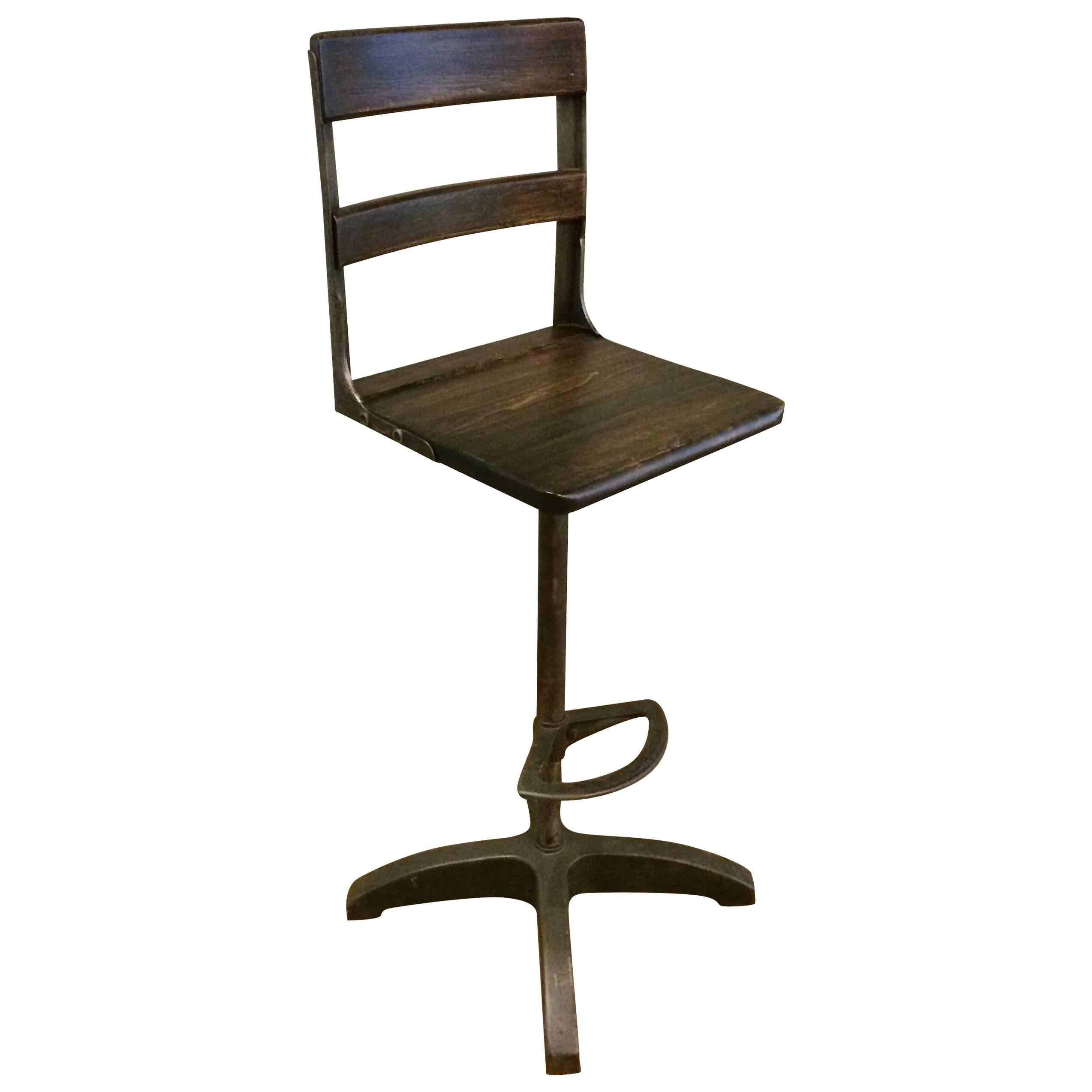 Custom Industrial Maple and Brushed Steel Drafting Stool