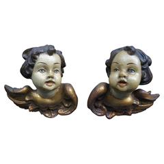 Pair of Early 20th Century Carved and Painted Angels or Putti for Wall Mounting