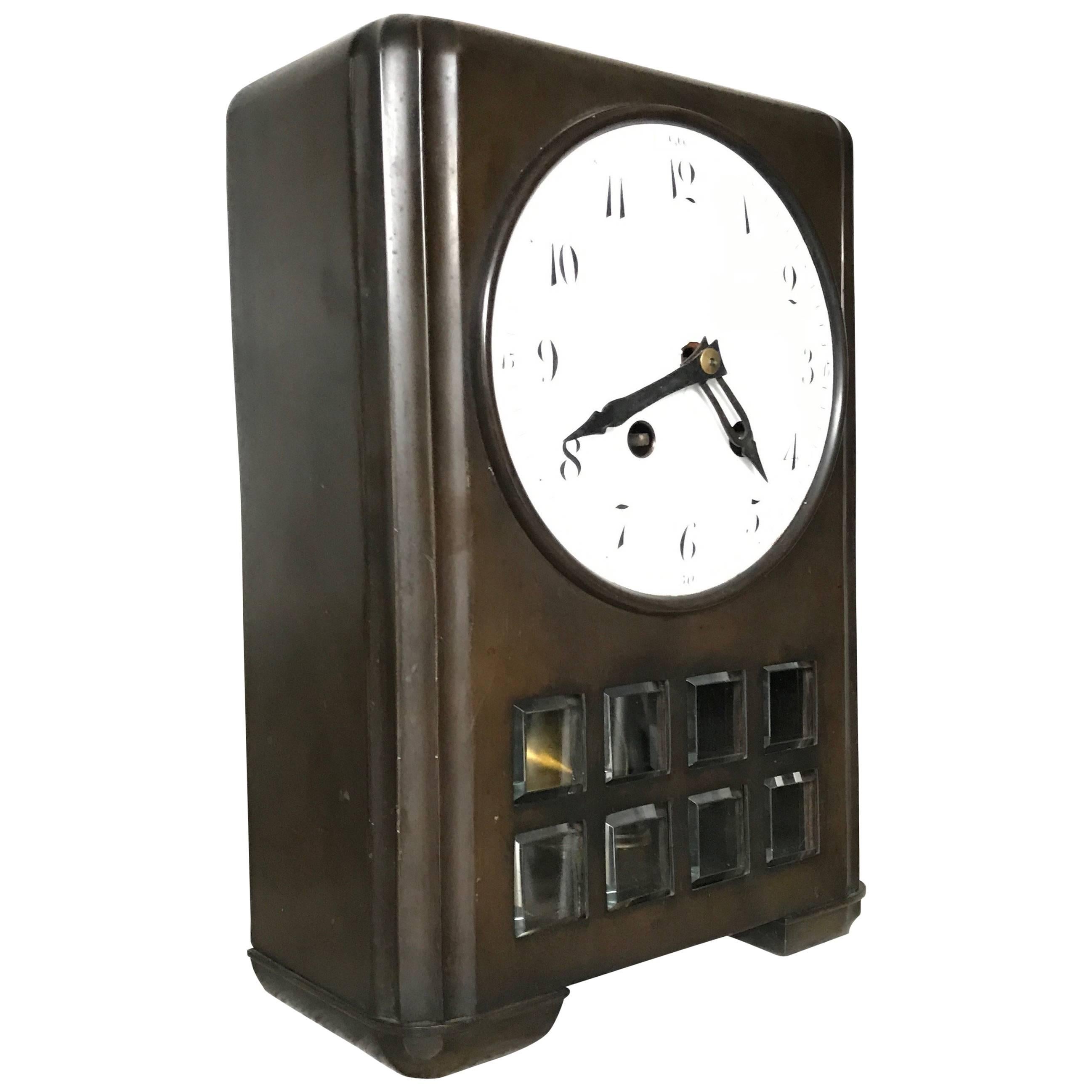 Rare Art Deco / Bauhaus Bronze Table or Mantel Clock by Lenzkirch / C.Kühling