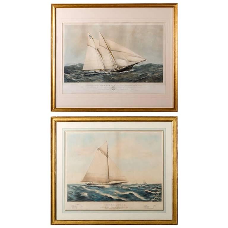 Near Pair of 19th Century Painted Lithographs of Yachts For Sale