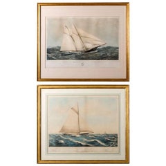 Vintage Near Pair of 19th Century Painted Lithographs of Yachts