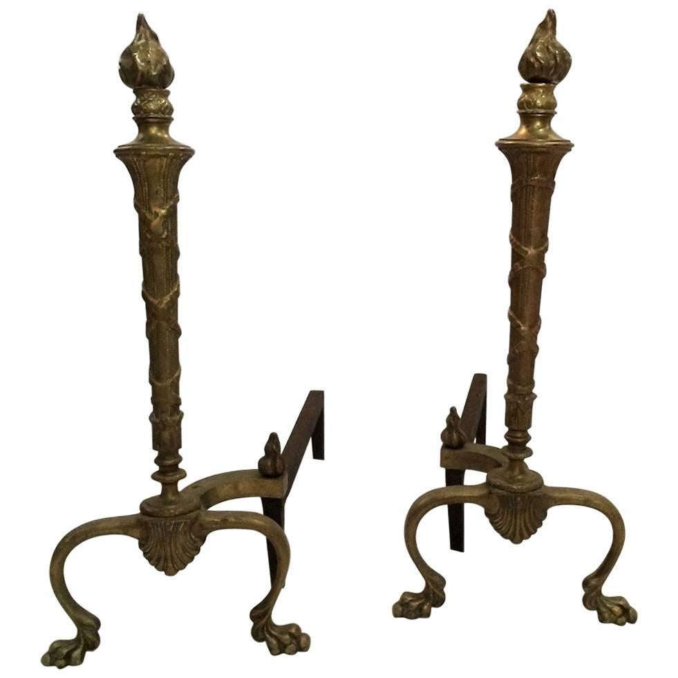 1920s Hollywood Regency Glamorous French Brass Andirons, Great Detail