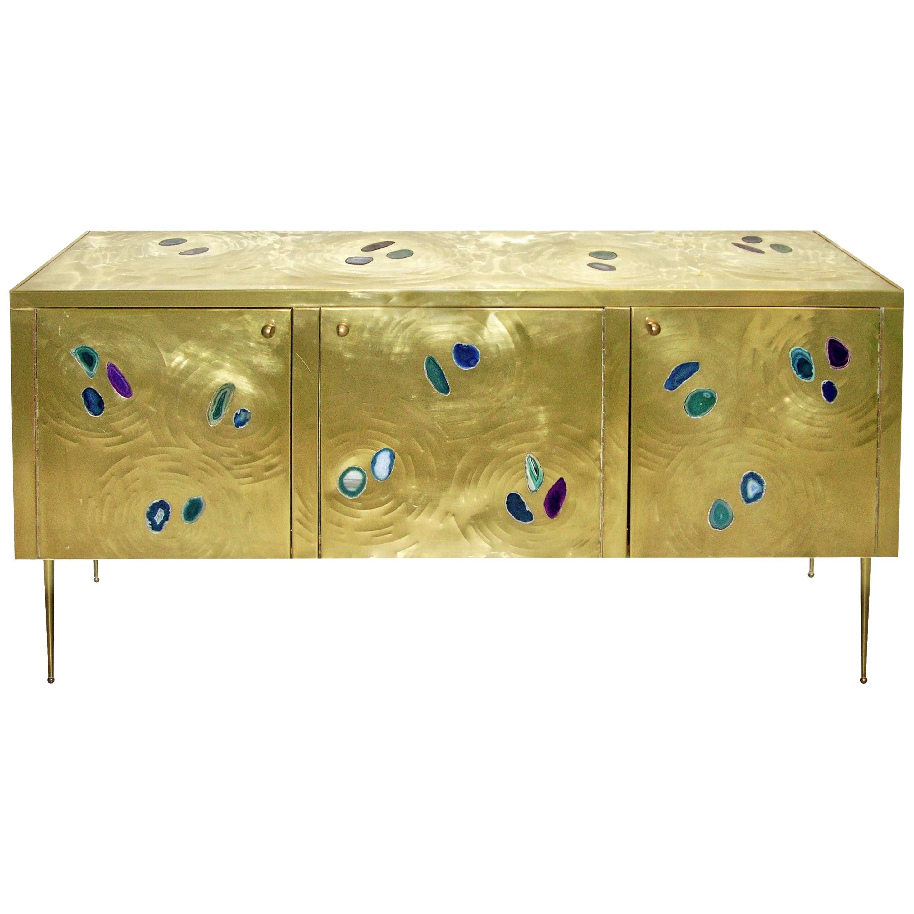 Italian Contemporary Fine Design Brass Cabinet with Blue Green Purple Agate