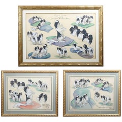 Three Framed Crayon and Pastel Pictures, Japanese Spaniels, Lillian Tiffany, Set