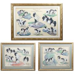 Three Framed Crayon and Pastel Pictures, Japanese Spaniels, Lillian Tiffany, Set 10