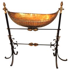 Wonderful French Wrought Iron Copper Gilt Tole Bird Bath Planter Swing Stand