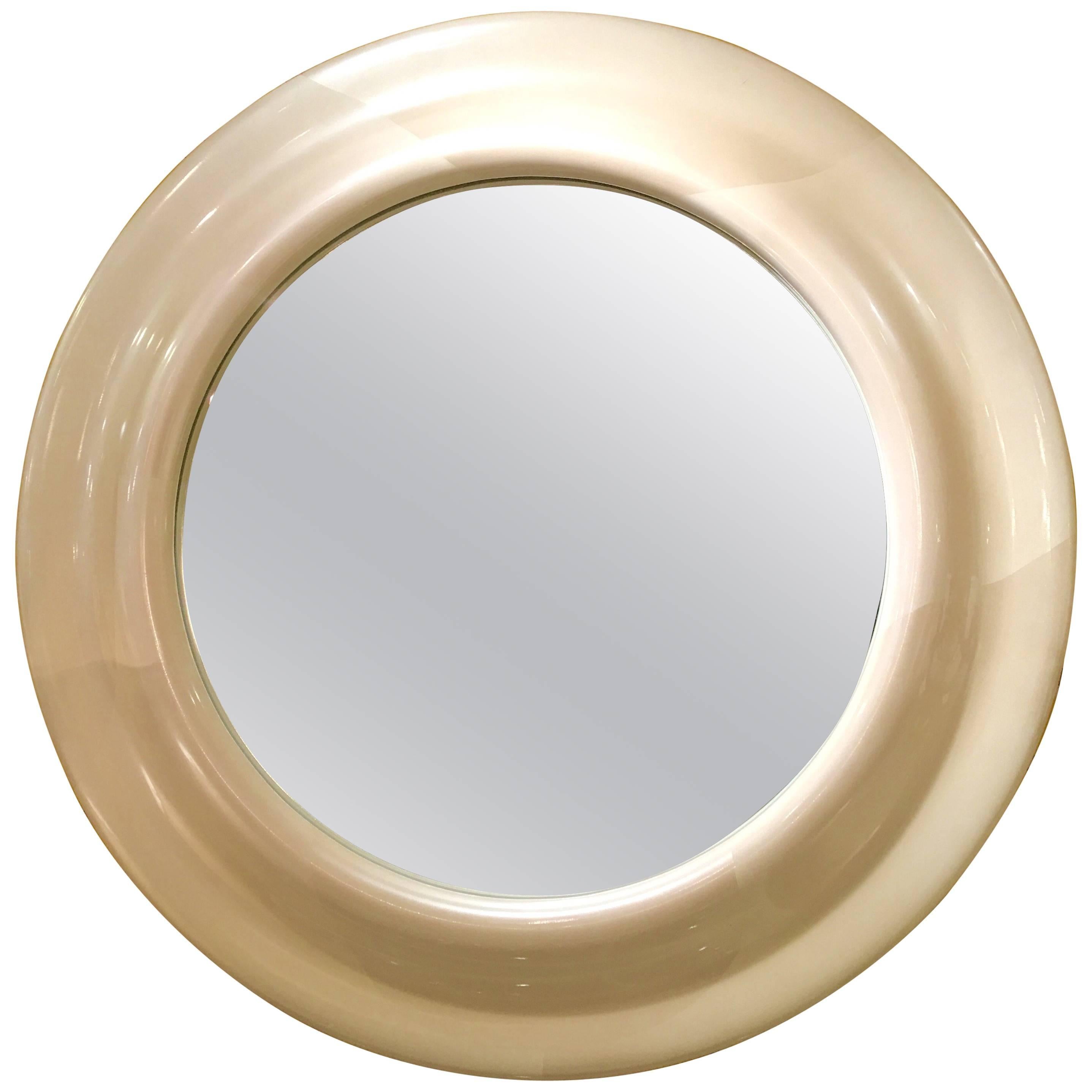 American Mid-Century Large Carl Springer Style Ivory Round Mirror