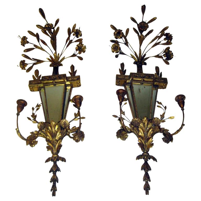 Antique Pair Italian Baroque Giltwood Girandole Mirror Double Light 19th Century Italian Gilt Wood Wall Sconces Of Monumental Size