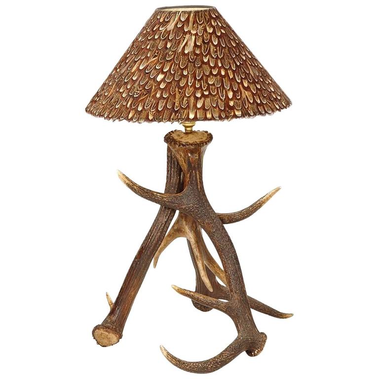 Three Antlers Table Lamp with Partridge Feather Lamp Shade For Sale at
