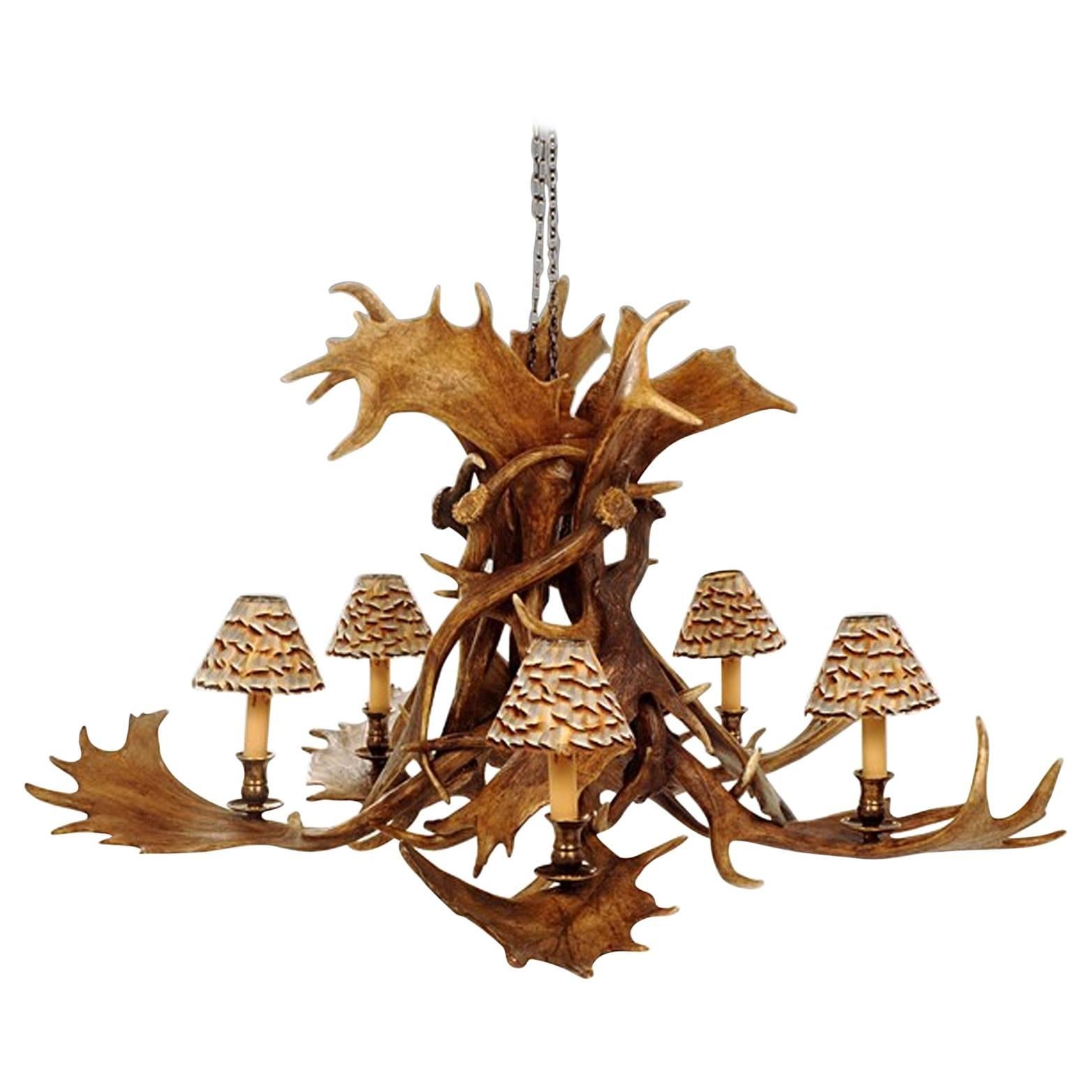 Reindeer Master Chandelier with Five Partridge Feather Shades