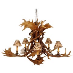 Antique Reindeer Master Chandelier with Five Partridge Feather Shades