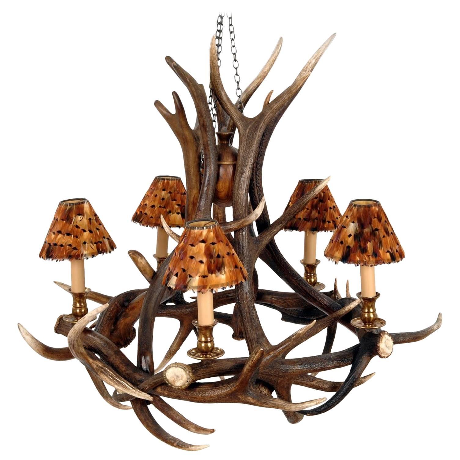 Five Antlers Chandelier Vintage Brass Finish with Partridge Feather Shades For Sale