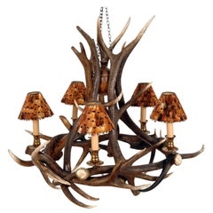 Five Antlers Chandelier Vintage Brass Finish with Partridge Feather Shades