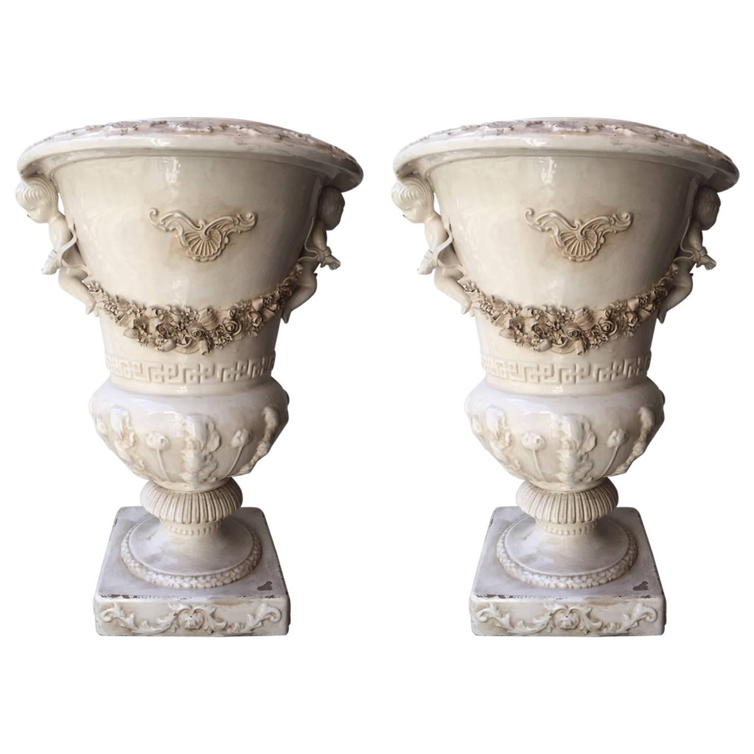 19th Century Italian Pair of Vases White Glazed Ceramic For Sale