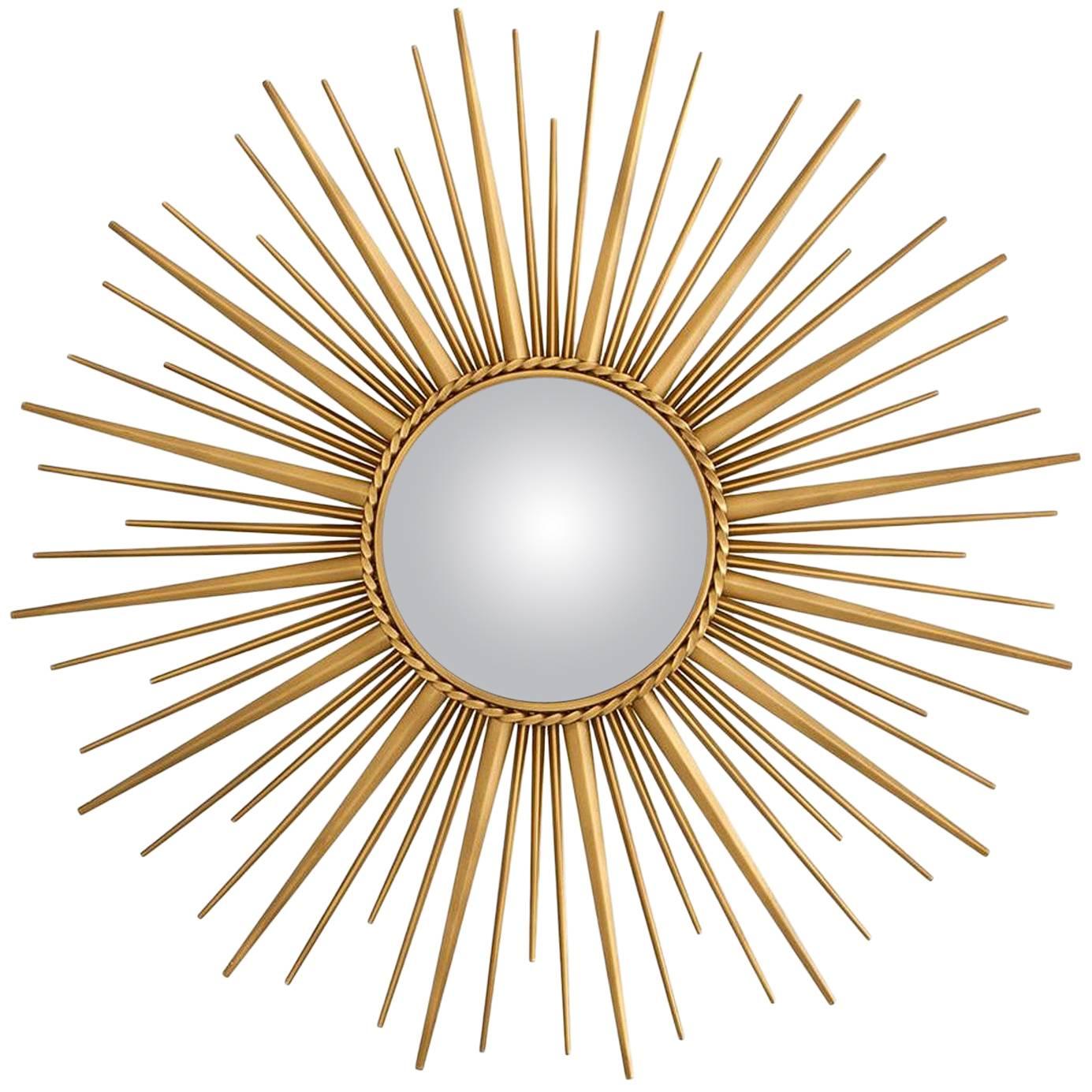 Sun Mirror in Antique Gold Finish and Convex Mirror For Sale