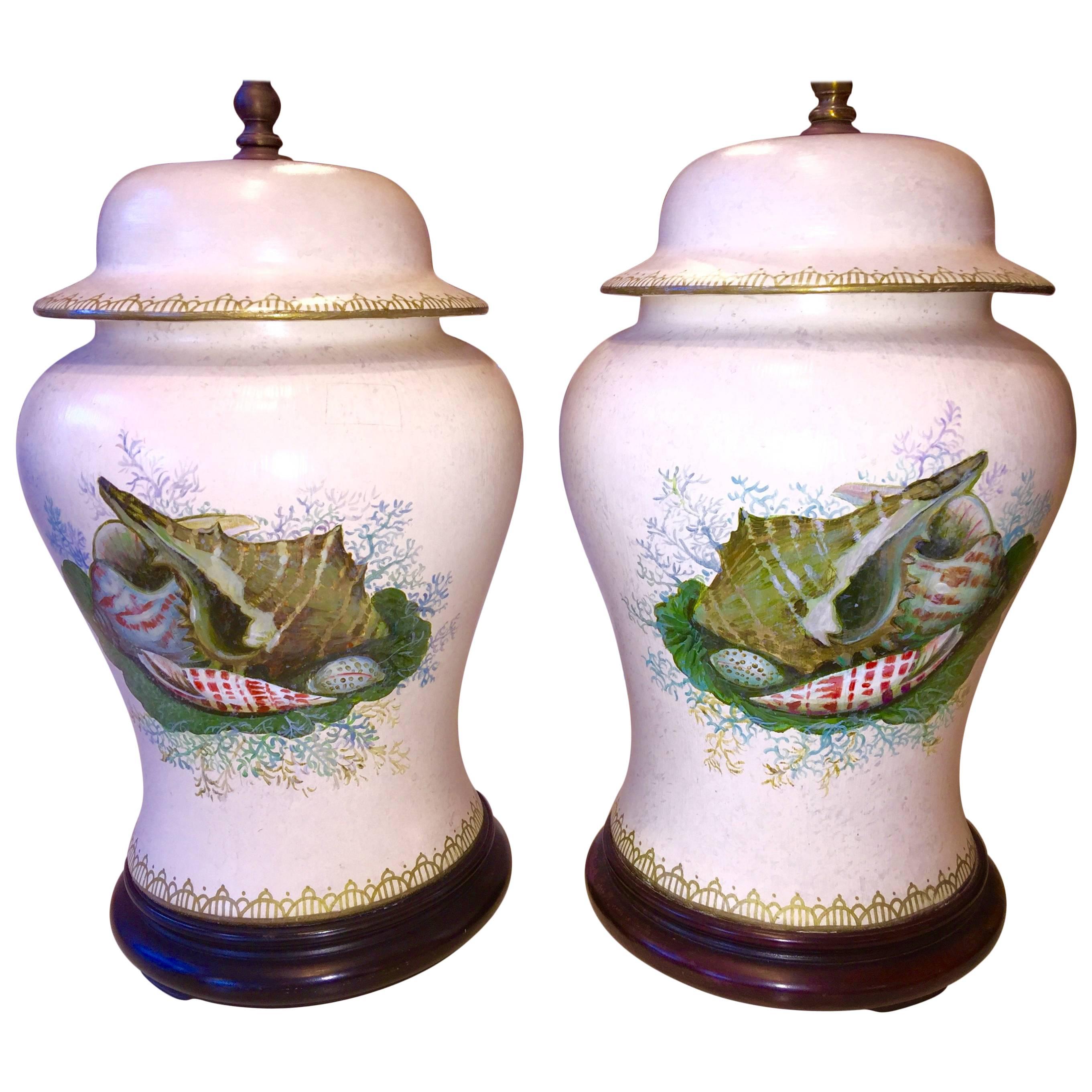 Pair of American Hand-Painted with Shells Porcelain Temple Jar Lamps For Sale