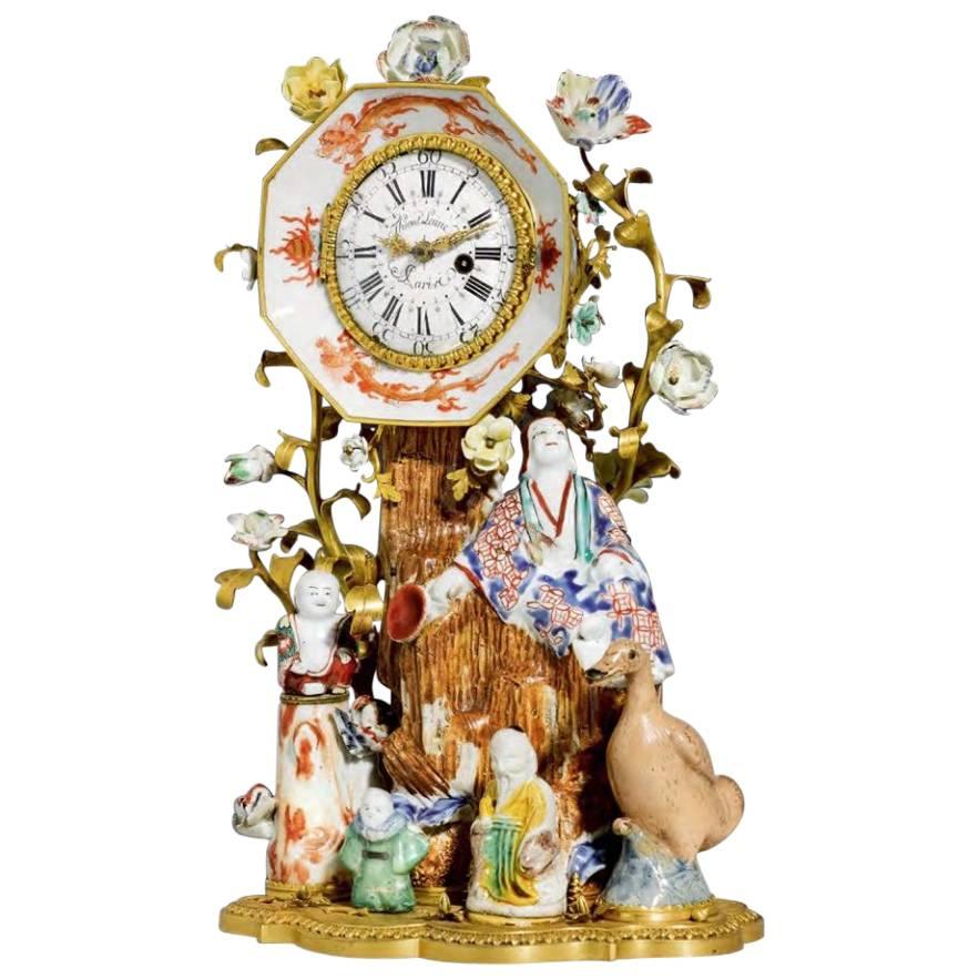 Porcelain Clock "Aux Chinois", Louis XV, 1750-1760 For Sale