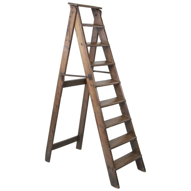 20th Century Artisan Made Folding Oak Library Ladder with Hand