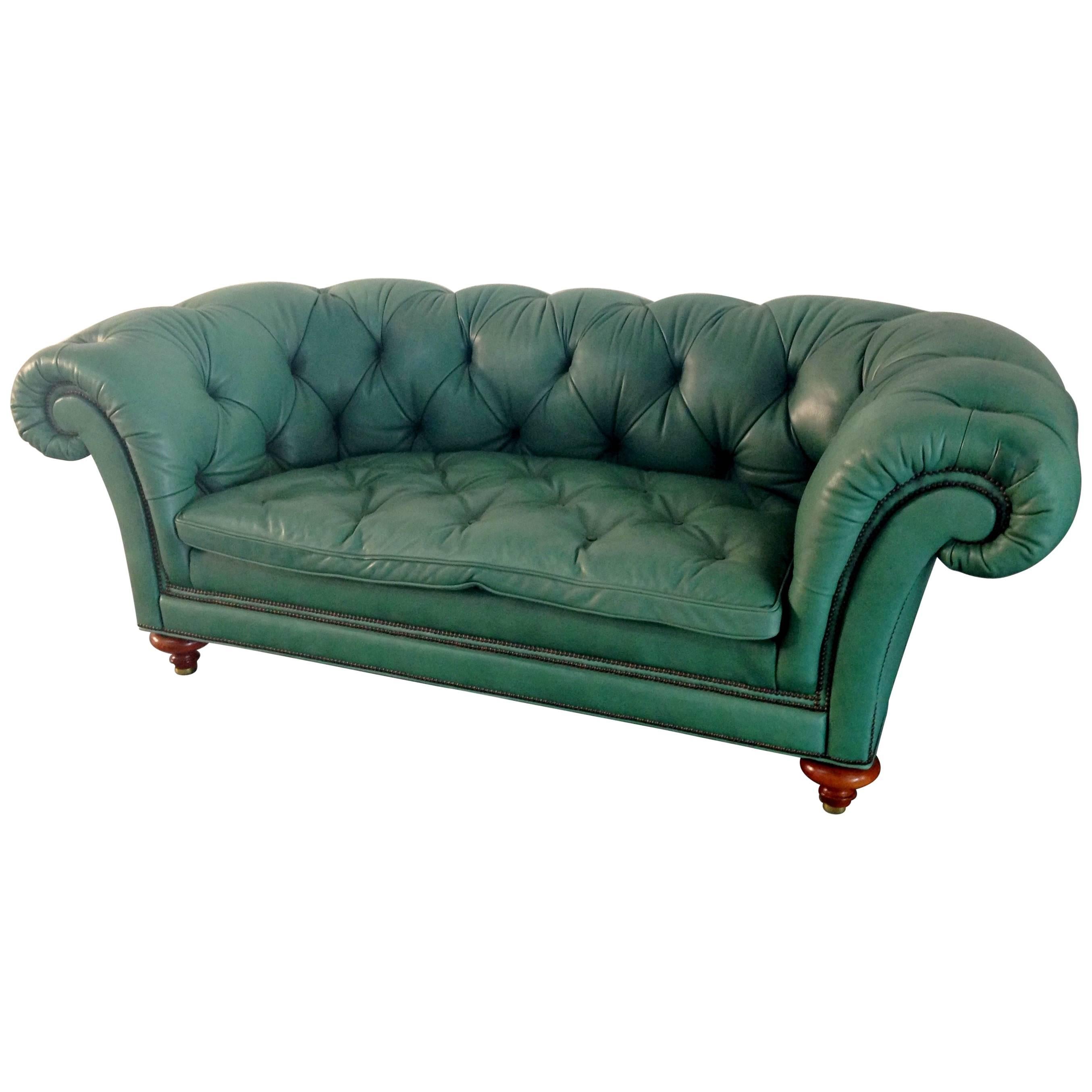 English Green Vintage Leather Chesterfied Sofa