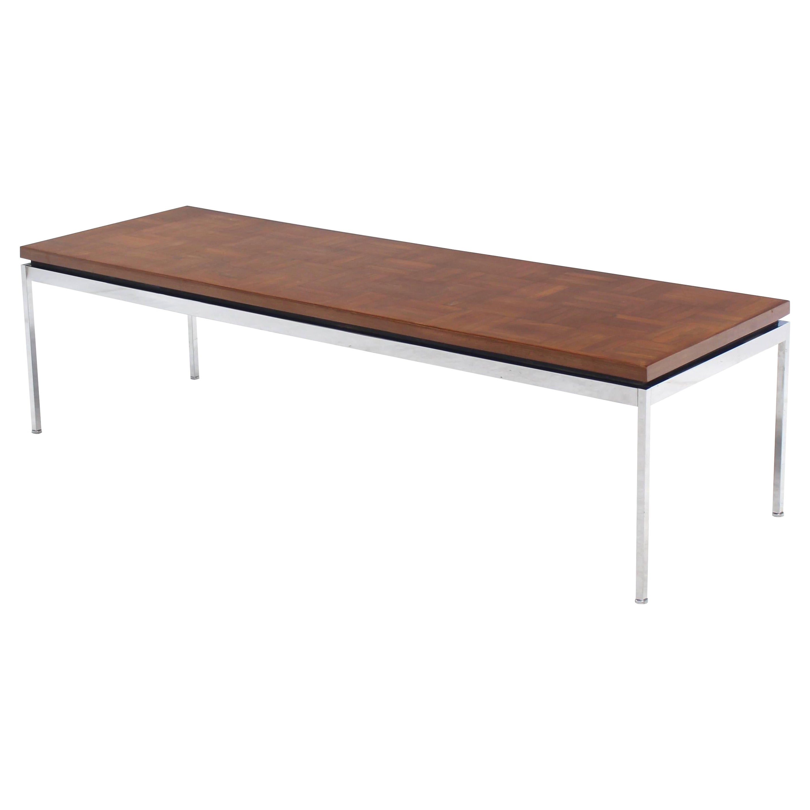 Solid Stainless Steel Heavy Base Rectangular Coffee Table with Parquet Top For Sale