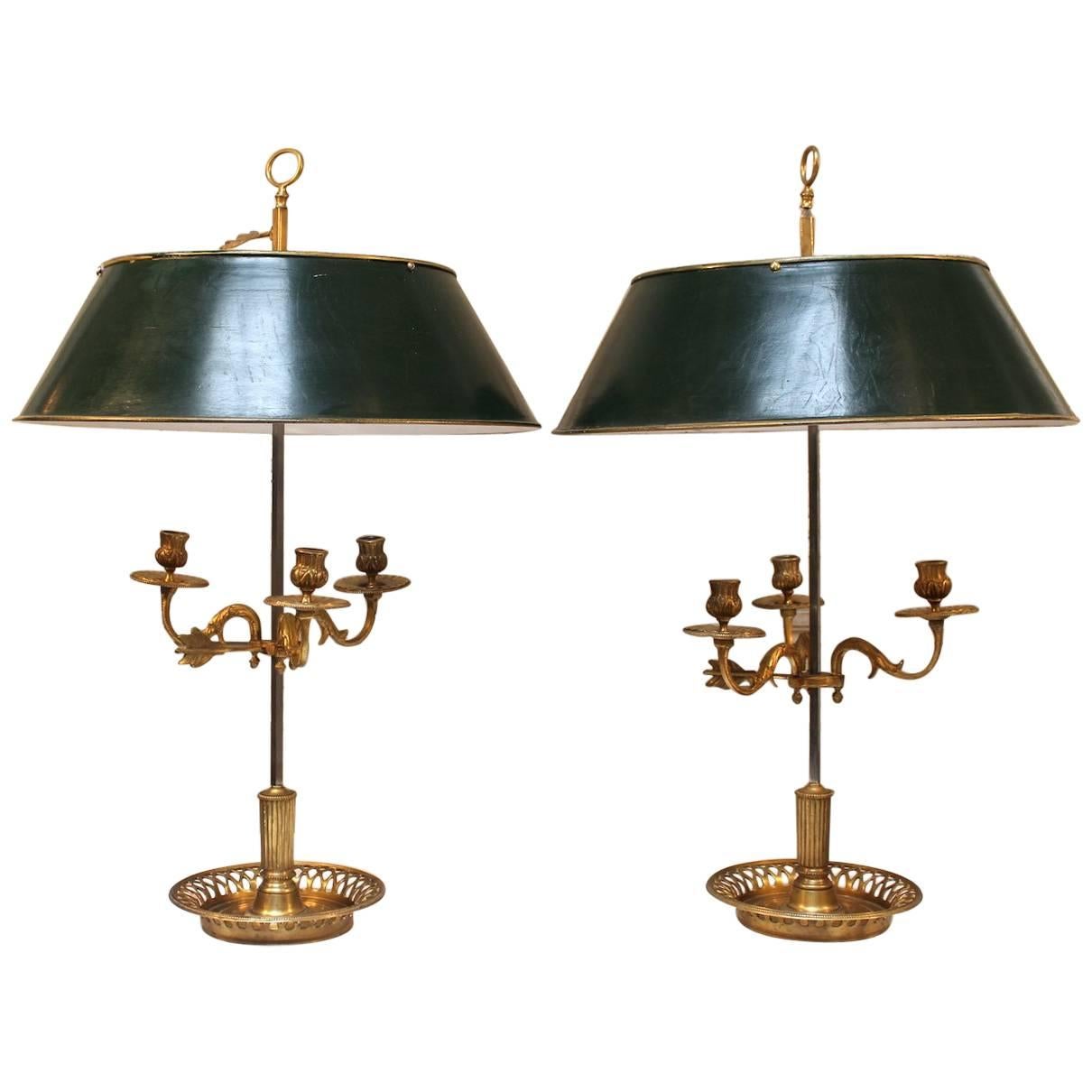 Pair of Bronze and Tole French Louis xi Style Bouillotte Lamps