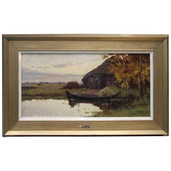 Maurits de Groot, Waterscape with Boat and Building Oil on Canvas