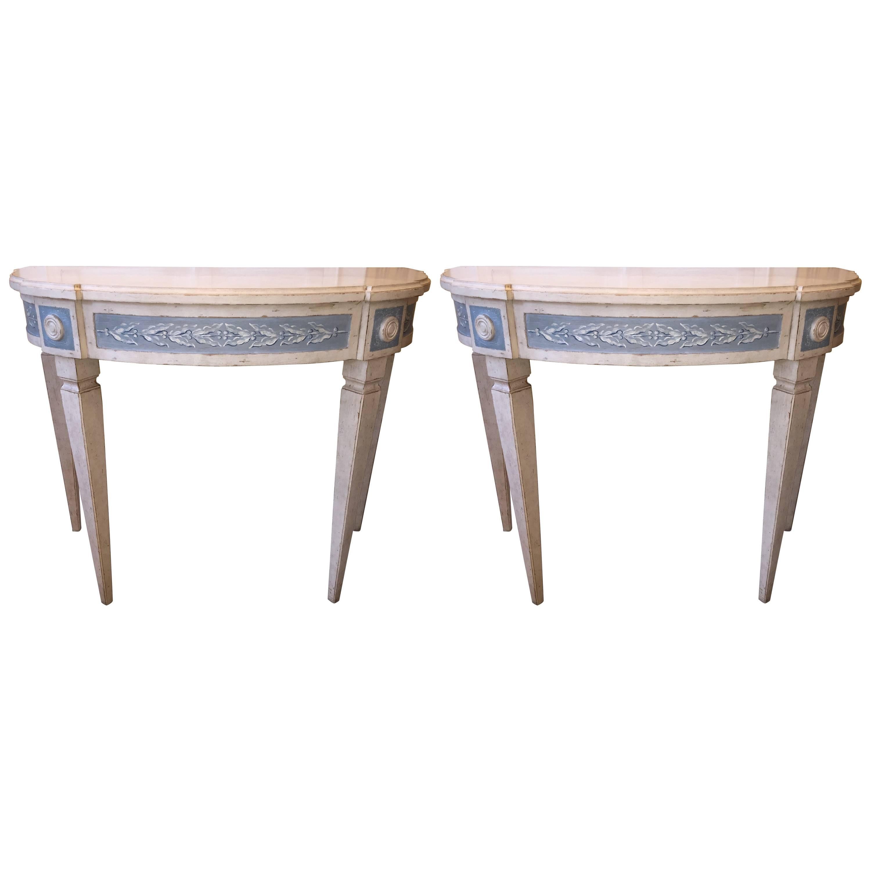 Pair of Swedish Painted Blue and White Demilune Regency Style Consoles