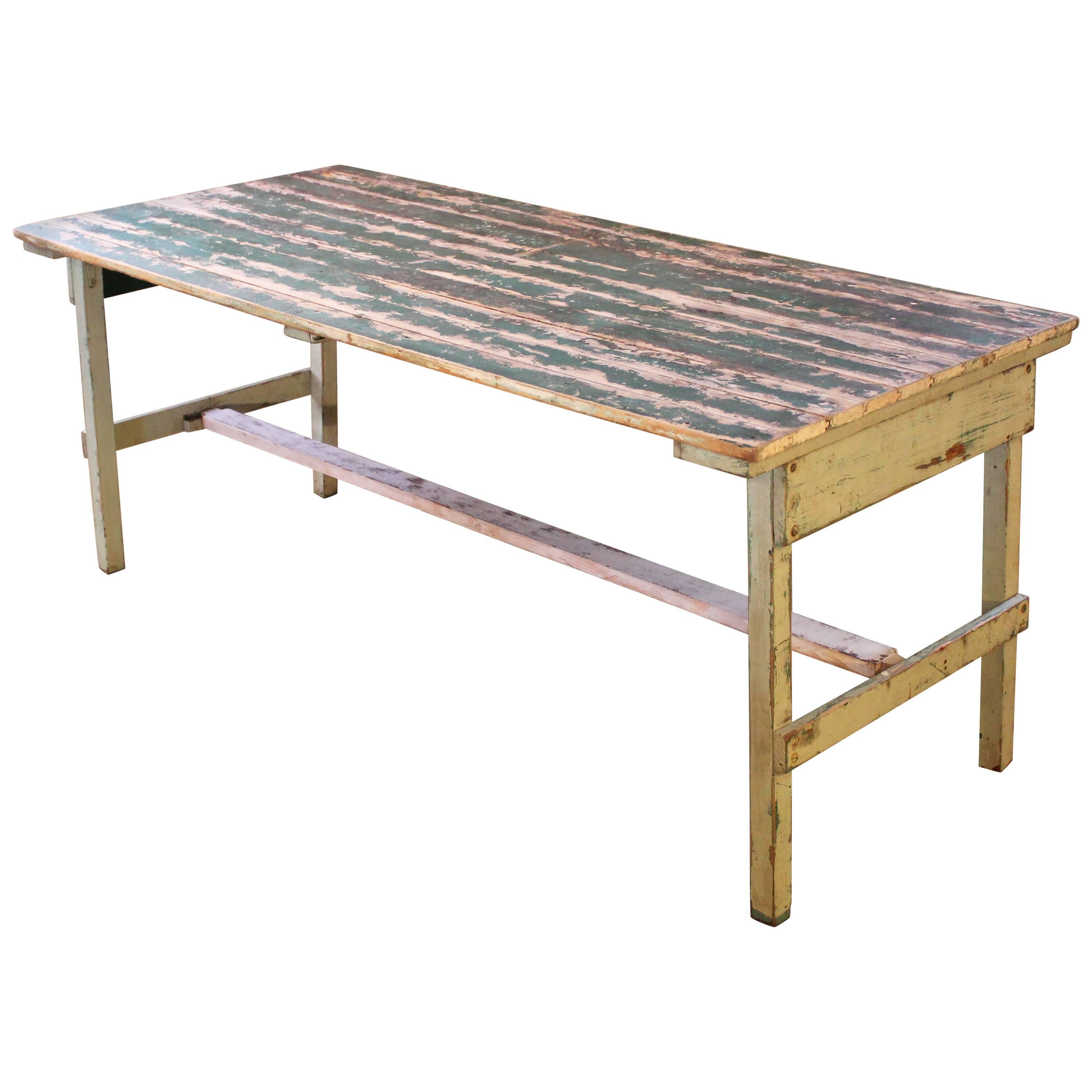 Vintage Rustic Farm Distressed Folding Dining Work Table Painted Wood Industrial