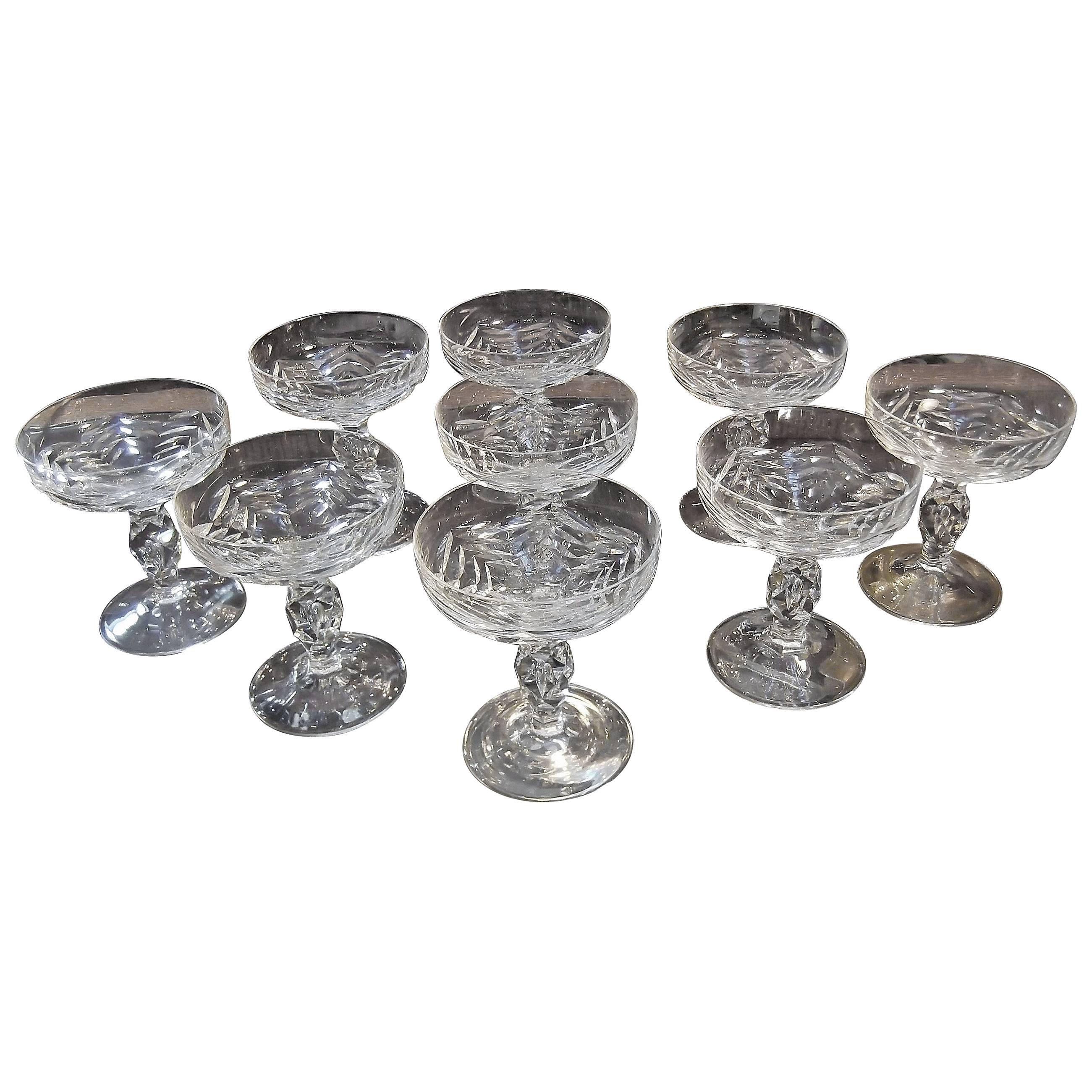 Set of Nine Hand Cut Glass Champagne Coupes