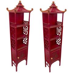 Pair of Chinoiserie Red Pagoda Cabinets in the Regency Style