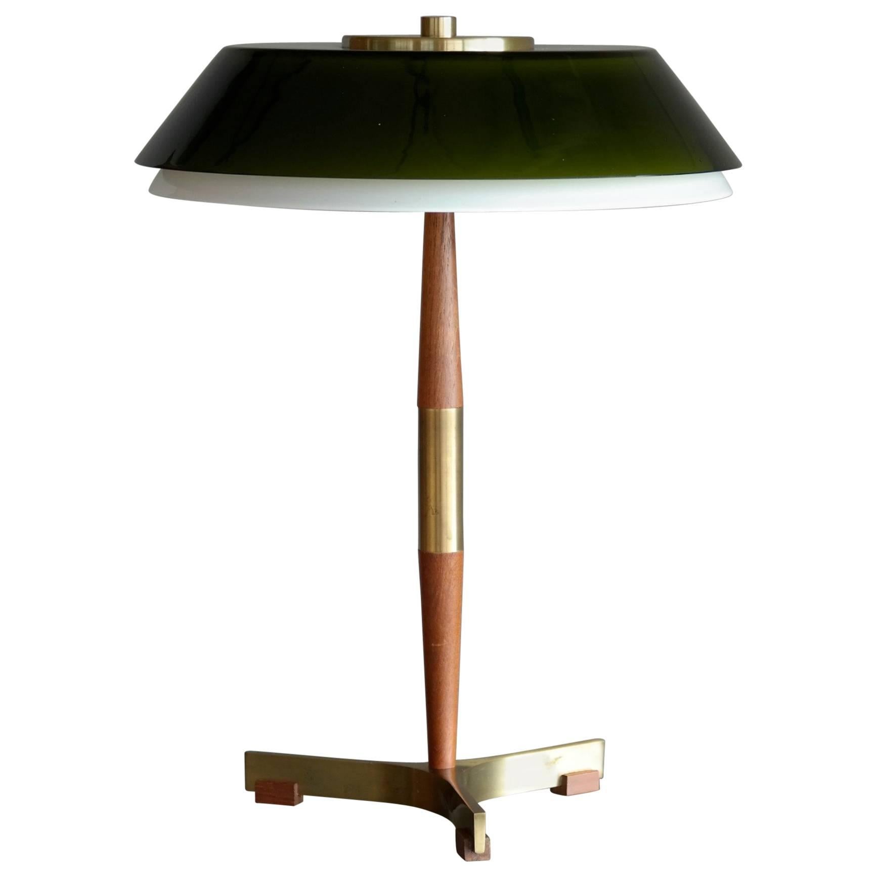 Table Lamp by Jo Hammerborg Model President in Teak and Brass with Glass Shades